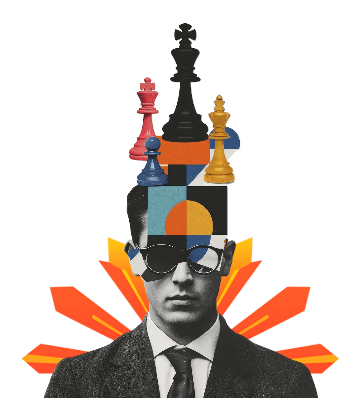 Founder wearing sunglasses with a stack of chess pieces balanced above his head — Doodl Space startups hero illustration