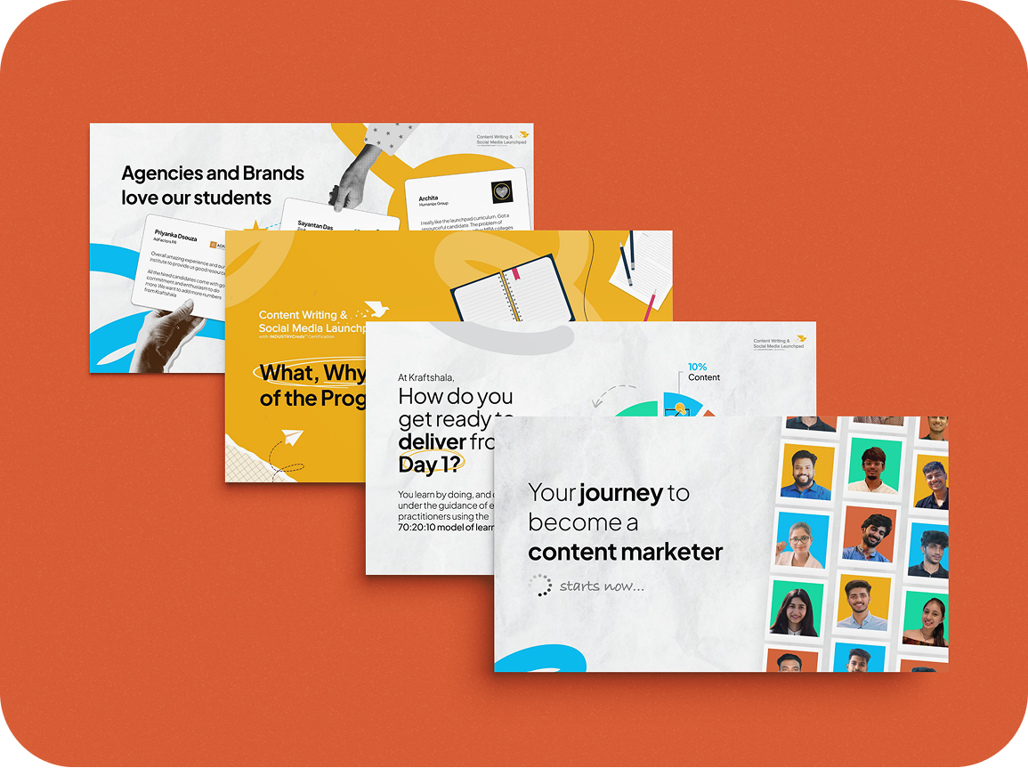 Fanned course slides for a content-marketing programme on a terracotta backdrop