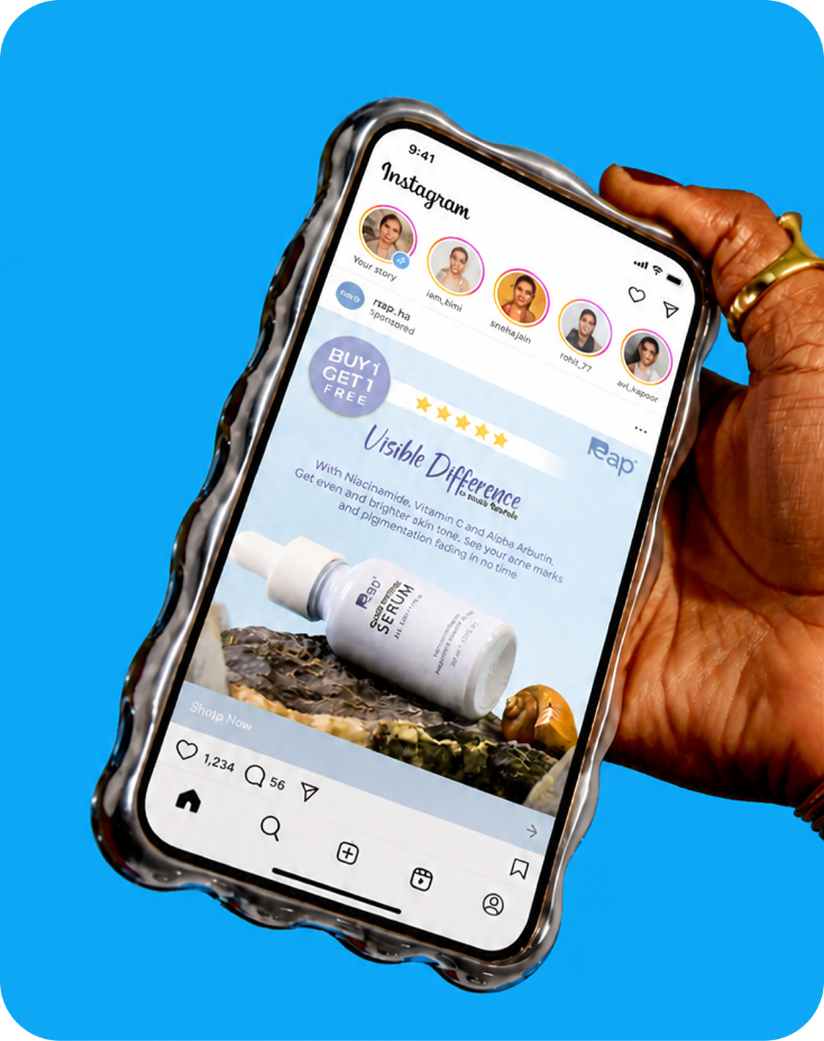 Instagram feed post for a niacinamide serum launch, shown on a phone held over a blue backdrop