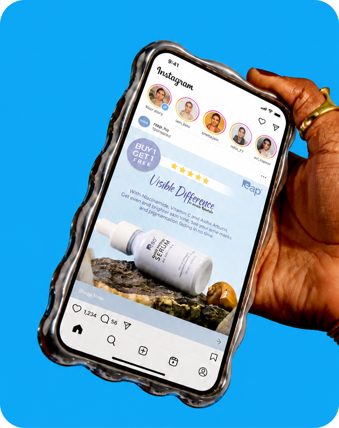 Instagram feed post for a niacinamide serum launch, shown on a phone held over a blue backdrop