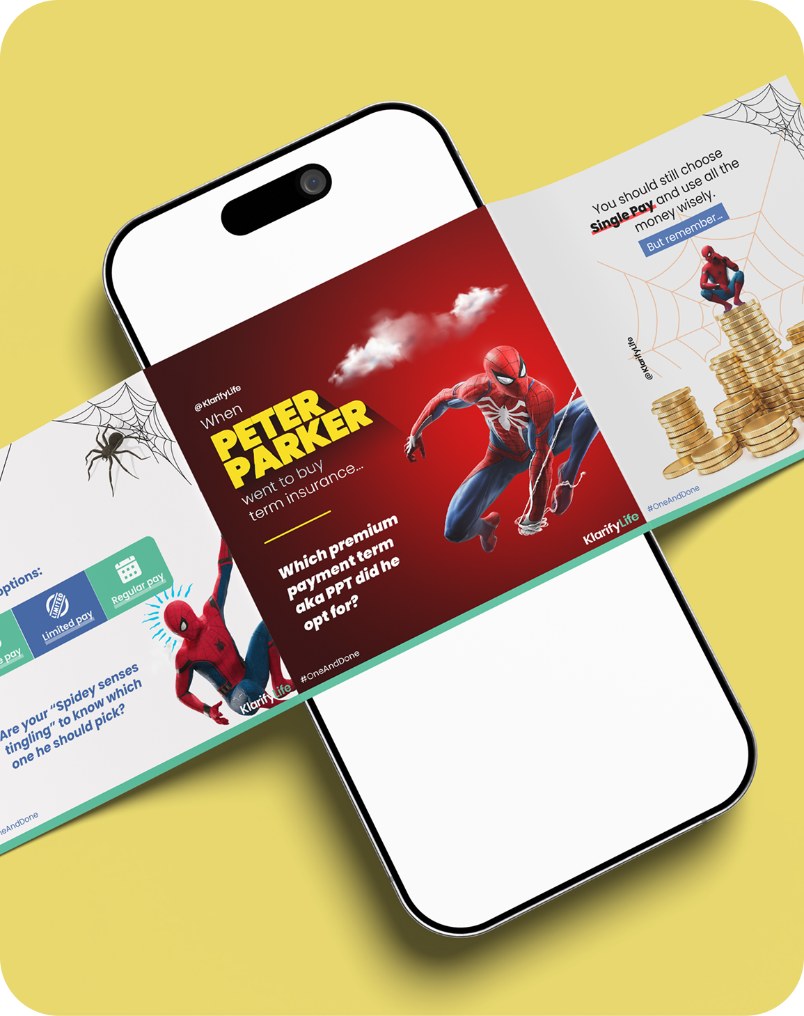 Spider-Man term insurance campaign carousel on a phone over a yellow backdrop