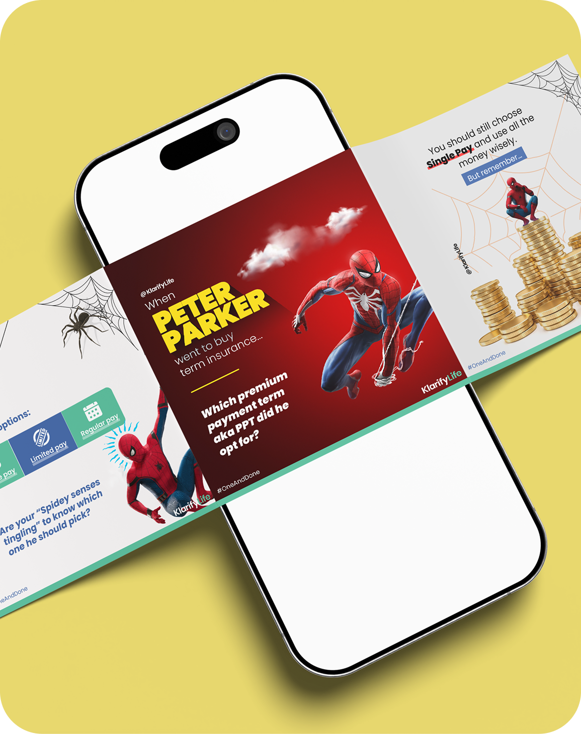 Spider-Man term insurance campaign carousel on a phone over a yellow backdrop
